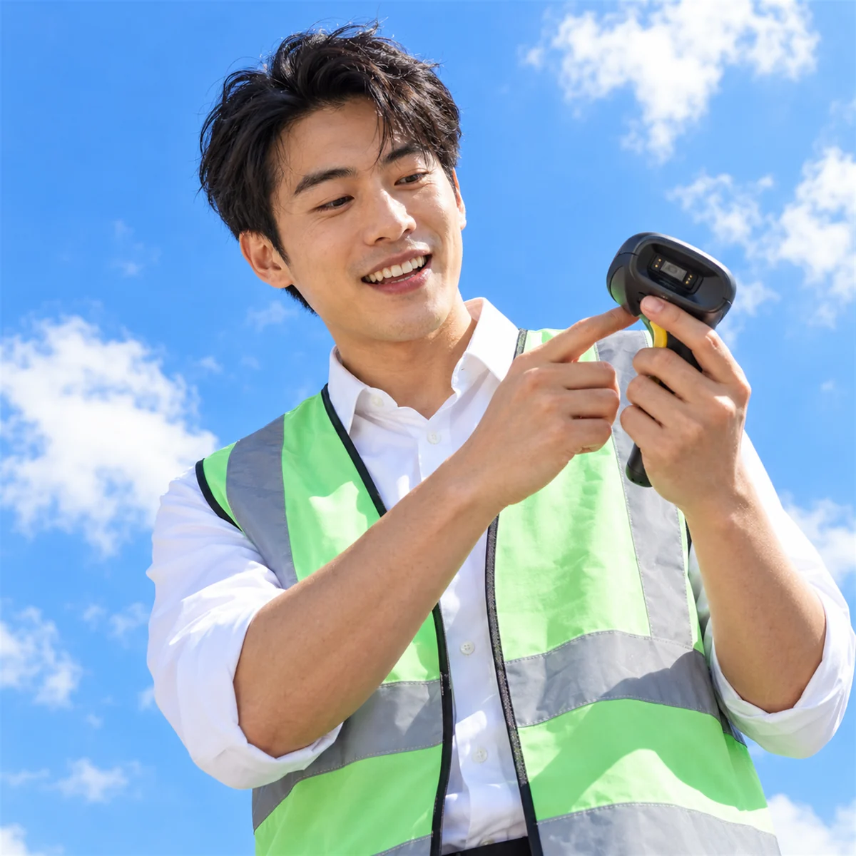 An engineer in a high-visibility vest checking a barcode scanner.