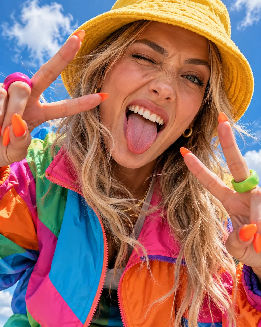 Woman winking against bright sky.