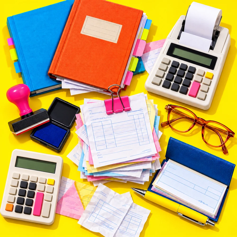 An accounts desk: ledgers, an adding machine and invoices.