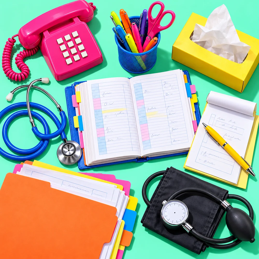 A clinic front desk: register, stethoscope and patient files.