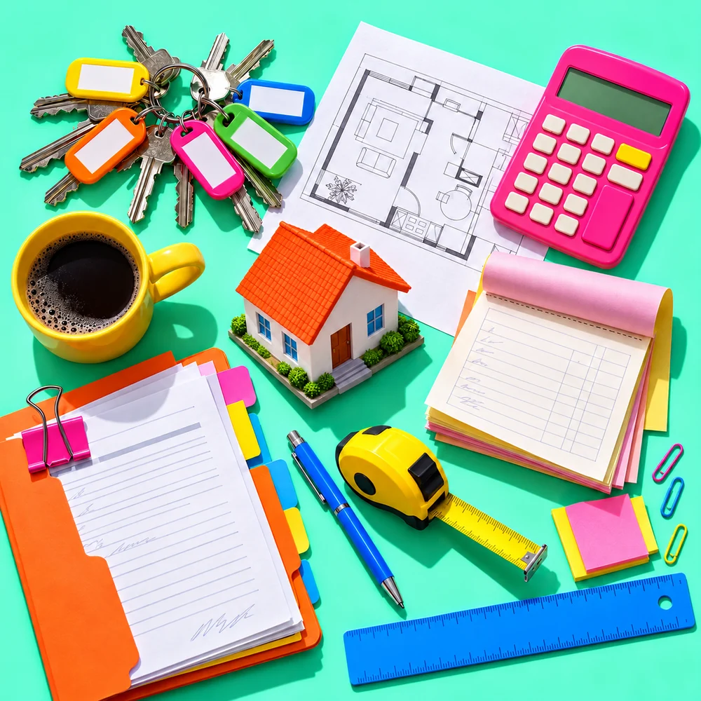 A rentals office: a ring of keys, a floor plan and receipts.