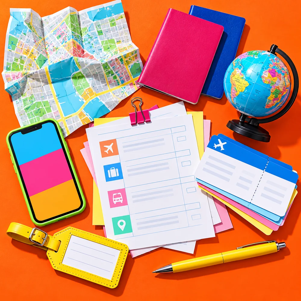 A travel desk: a map, passports and printed itineraries.