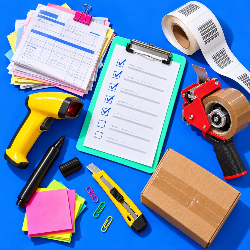 A dispatch desk: pick list, labels, tape gun and scanner.