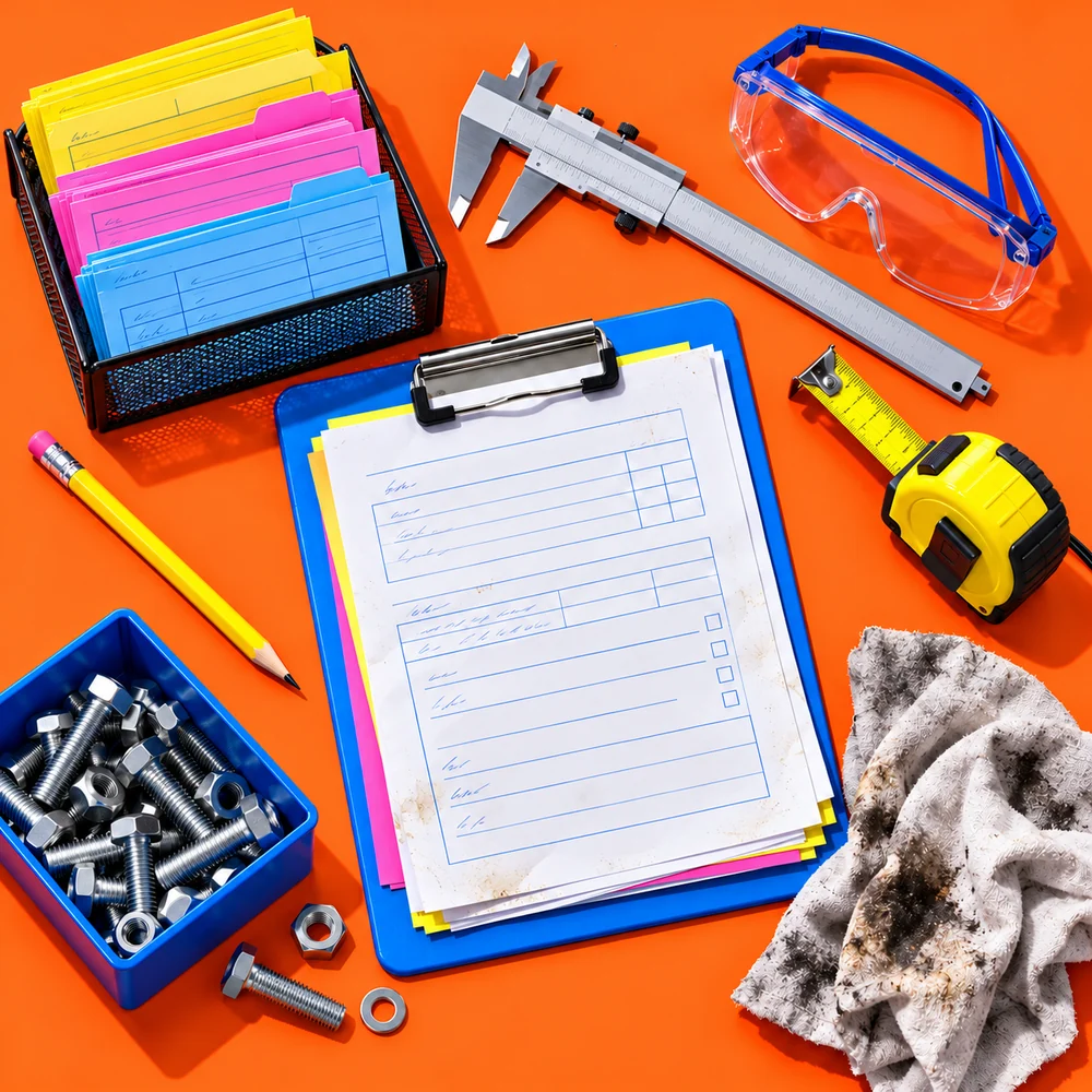 A workshop office: job cards, a caliper and a work order.
