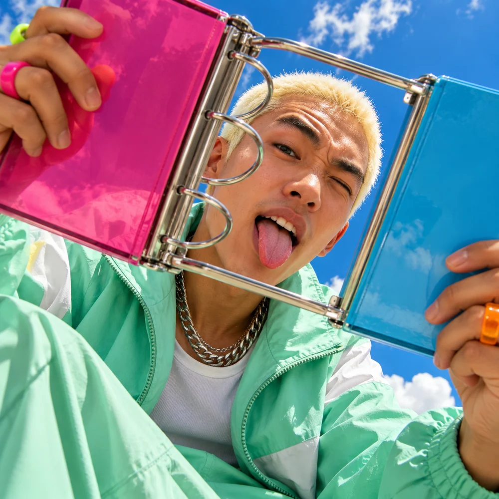 Man pulling a face through an open ring binder.