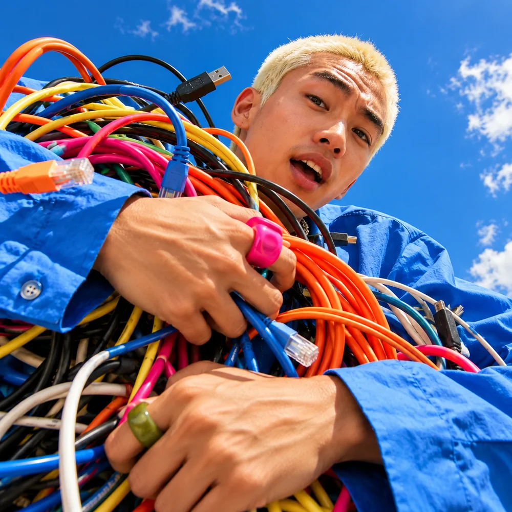 Man with an armful of tangled cables looking over the top of them.