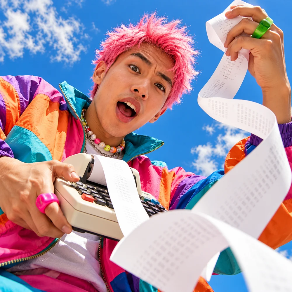Man with pink hair holding a calculator printing a long paper roll.
