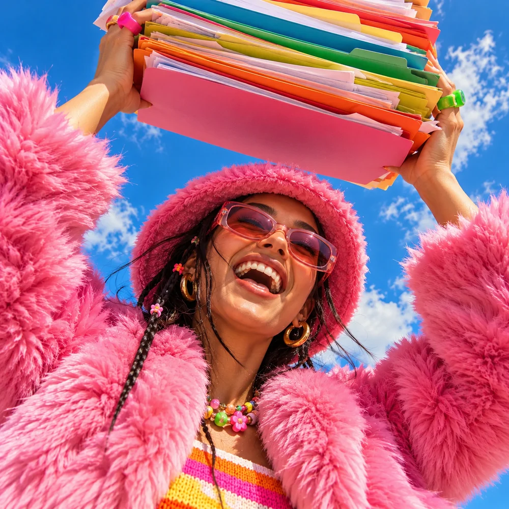 Laughing woman in a pink fur coat holding a tower of paper files overhead.