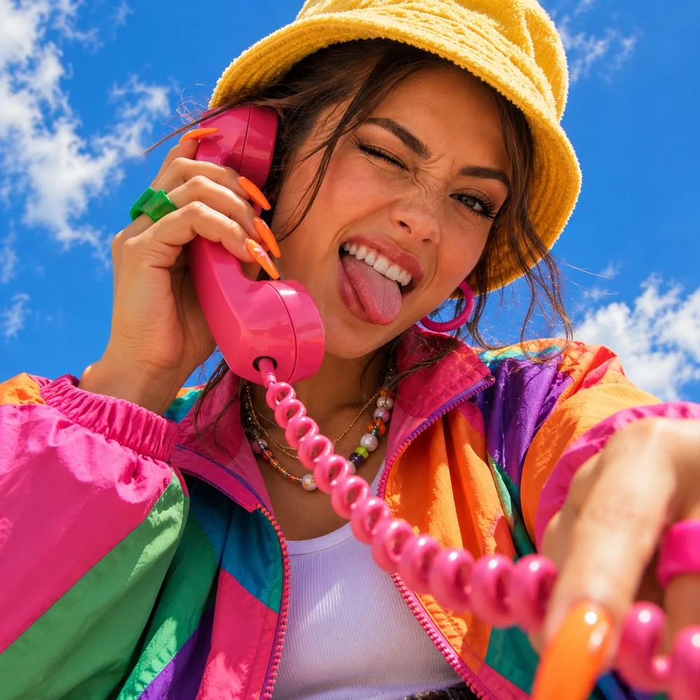 Winking woman on a pink desk phone, the cord swinging.
