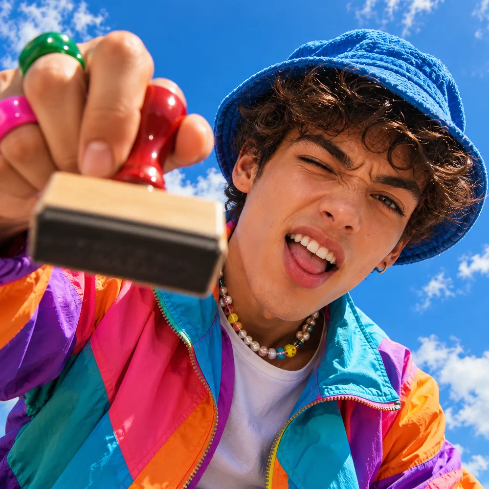 Man in a blue bucket hat pushing a rubber stamp toward the camera.