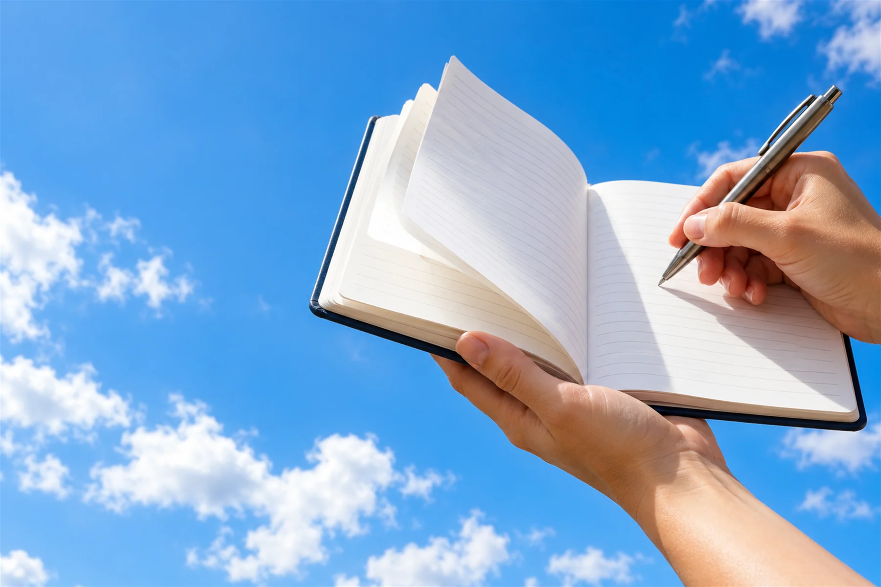 An open notebook and a pen held up against the sky.
